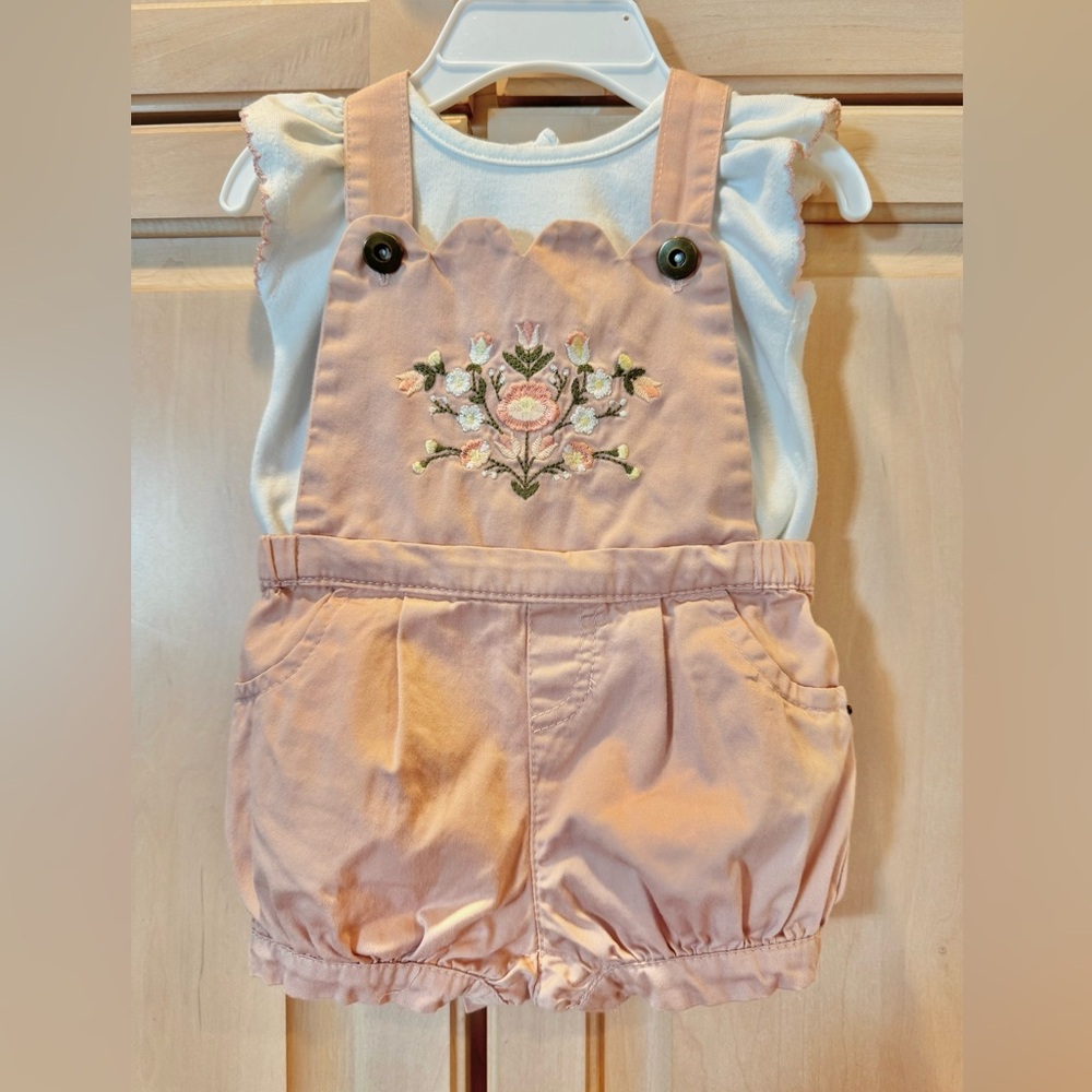 Blush Pink Floral Embroidered Overalls Romper